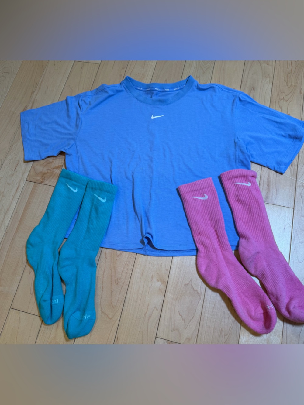 Nike Blue Athletic Tee with Pink & Teal Crew Socks